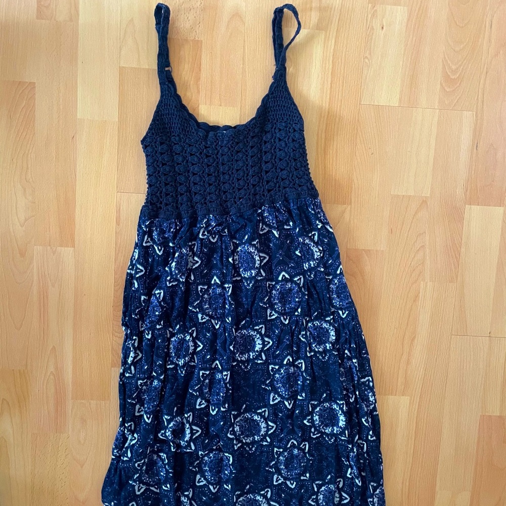 Lucky Brand crochet indigo shibori dye tank dress